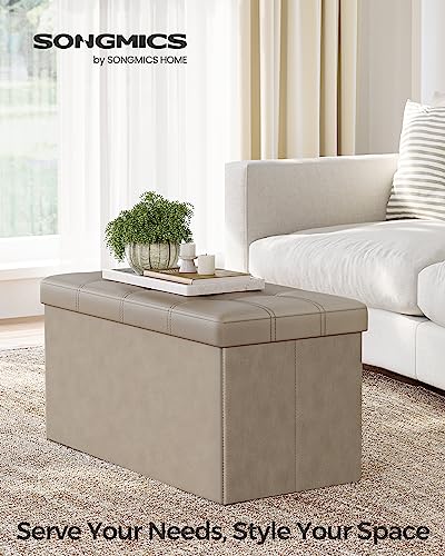 SONGMICS Mazie Collection - 30 Inches Folding Storage Ottoman Bench, Ottoman with Storage, Foot Rest Stool, Load 660 lb, for Living Room, Synthetic Leather, Camel Brown ULSF040R01 - color: Camel Brown, size: 15"D x 30"W x 15"H