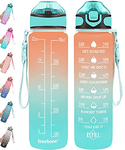 Enerbone 32 oz Water Bottle with Times to Drink and Straw, Motivational Drinking Water Bottles with Carrying Strap, Leakproof BPA & Toxic Free, Ensure You Drink Enough Water for Fitness Gym Outdoor - color: Orange-Green