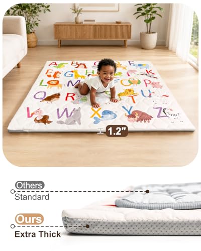 Baby Play Mat, 50x50 Playpen Mat with Machine Washable Cover | Removable, Thicken Cushioning Playmats for Baby, Non-Slip Bottom, Easy to Clean for Infants, Alphabets - color: Animal Alphabets, size: 50" X 50"