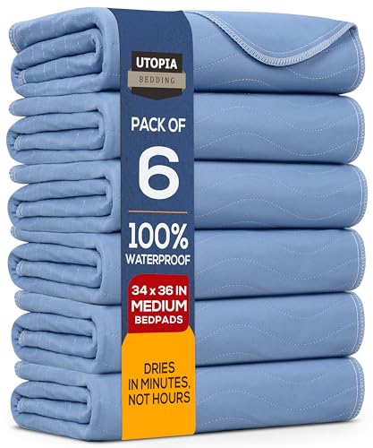 Utopia Bedding Washable Underpads 34" x 36" (Pack of 6), Waterproof Reusable Heavy Absorbency Incontinence Bed Pads for Adults, Kids, Elderly and Pets, Bedwetting Pads for Sofa and Couch (Blue) - color: Blue, size: 34x36 Inch (Pack of 6)