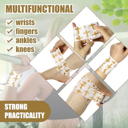 Geiserailie 12 Pack Christian Athletic Tapes 2 Inch x 5 Yards Self Adhesive Bandages Sports Wraps Breathable Elastic Wrap Non Woven Bandage for Wrist, Ankle, Baseball Football (White and Gold) - color: White and Gold