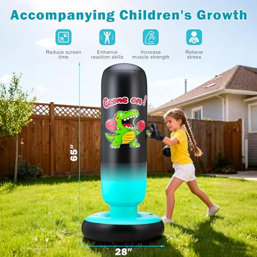 Punching Bag for Kids 65" Inflatable Dinosaur Kids Punching Bag with Boxing Gloves Boxing Bag Set with Pump Dinosaur & Hitting Target Pattern 2 in 1 Birthday Gifts for Boys & Girls Age 3-12