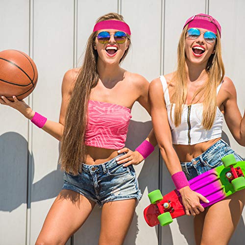 Bememo 6 Pcs Neon Sports Sweatbands Set Sports Competitions Sweatbands 2 Headband 4 Wristbands Breathable Terry Cloth Athletic Bands for Team Soccer Spirit 80s Costumes Cosplay - color: Hot Pink