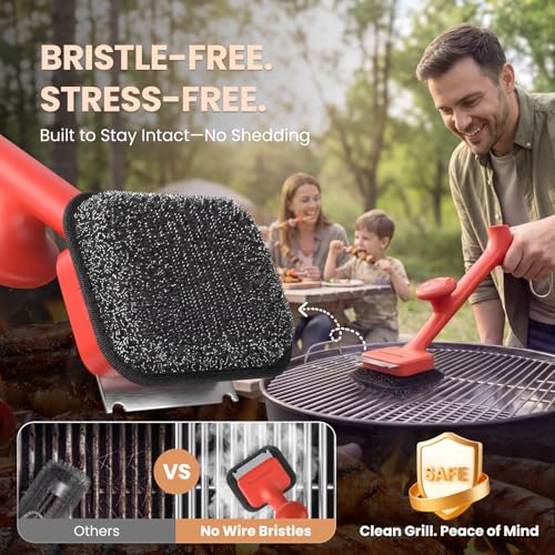 ThermoMaven BBQ Grill Brush Bristle Free - 17" Safe Steam Grill Cleaner Brush with Scraper and 5 Brush Heads for Porcelain/Gas/Charcoal Grill Outdoor Grill Barbecue Cleaner - size: Red 5pcs-Medium