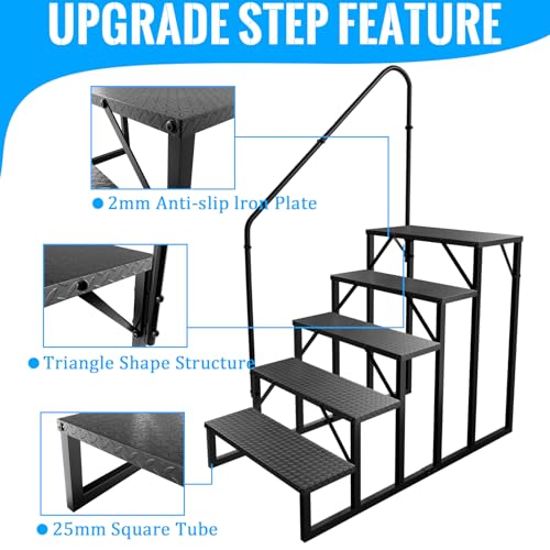 RV Stairs 5 Step, RV Steps Anti-Slip, Hot Tub Steps with Handrail, 660 lbs Hot Tub Steps Step Ladder for 5th Wheel RV, Mobile Home Stairs, REL-0402 - style: 5 Step