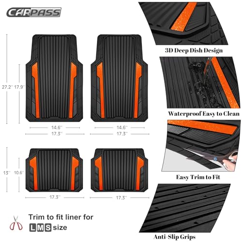 CAR PASS Heavy Duty Rubber Car Mats Metallic, Aluminum Film All Weather Floor Mats Waterproof Universal Trim to Fit SUVs Sedans Vans 4 Piece Anodized Deep Dish Two-Tone Sporty Black Orange Chrome - color: Black Orange