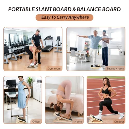 ZALL Wooden 2-in-1 Slant & Balance Board, Adjustable Wobble Design for Calf Stretch Exercise, Knee Ankle Heel Foot Pain Relief