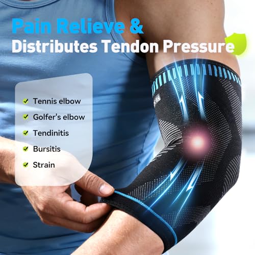 AGPTEK Elbow Compression Sleeve with 2 Gel Pads, Pain Relief Elbow Brace Tendonitis and Tennis Golfer's Elbow, Breathable Arm Sleeve Support for Tennis, Golf, Basketball, Weightlifting, L - size: L