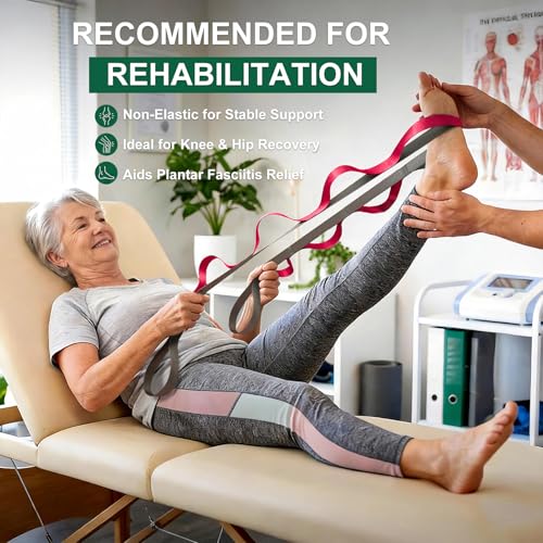 Acozycoo Stretching Strap with Loops,Non-Elastic Yoga Strap for Physical Therapy,Knee Replacement Recovery & Plantar Fasciitis,Leg Stretcher Band for Flexibility & Hamstring Rehab - color: Red