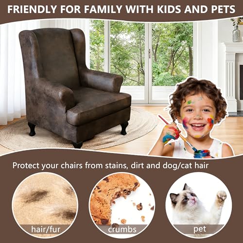 ANARACHON Leather Look Wingback Chair Covers, 2-Piece Wing Chair slipcover,Stretch Wing Back Armchair Slipcovers with Elastic Bottom, Soft Spandex FurnitureProtector for Living Room (Brown #2) - color: Brown #2