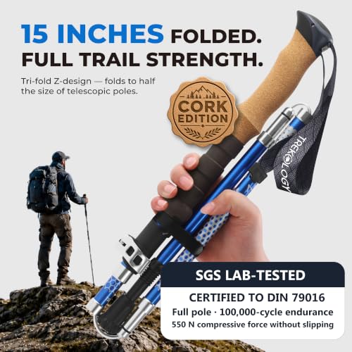 Trekology Trek-Z Collapsible Hiking & Trekking Poles - Balance Support for Seniors, Women, and Men, 2pc Per Set - color: Cork Blue, size: 115–135 cm (for Height: 5’5” to 6’5”)