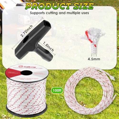 Saillong 4.5mm 100ft Starter Rope, Pull Cord Rope for Small Engine with 2 Starter Handle, Wear Resistant, Low Stretch, Replacement for Lawn Mower Chainsaw Trimmer Edger Brush Cutter(White & Red) - color: White & Red, size: 4.5mm