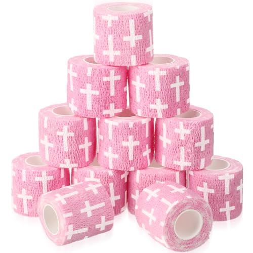 Geiserailie 12 Pack Christian Athletic Tapes 2 Inch x 5 Yards Self Adhesive Bandages Sports Wraps Breathable Elastic Wrap Non Woven Bandage for Wrist, Ankle, Baseball Football(Pink) - color: Pink