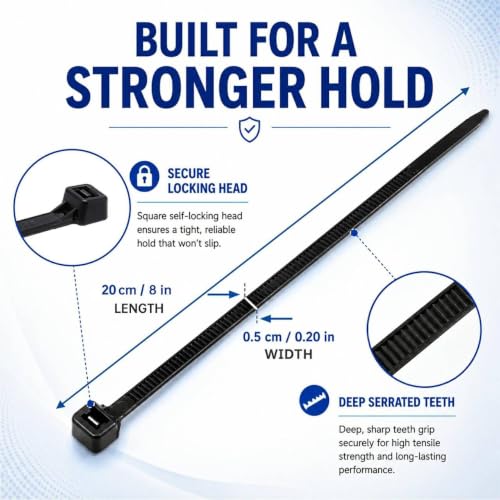 Zip Ties 8 inch, 100 Pack Heavy Duty Black Zip Ties with 100 lbs Tensile Strength, Self-Locking Nylon Cable Ties,Wire Ties for indoor and outdoor use. - color: Black, size: 8"(100 Pack) 100 Lb