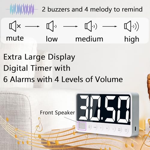 Digital Kitchen Timer - 7.1” Extra Large Display LED Magnetic Rechargeable Countdown/Up Timer, w/6 Alarms 4 Levels Volume Memory Function for Cooking, Classroom, Office, Home Gym(Black) - color: Black