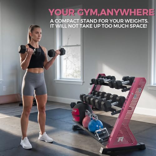 RitFit Rubber Hex Dumbbell Set with 3-Tier Dumbbell Rack,350-780LB Hand Weight Set with Anti-Slip Grip,1000LB Capacity Heavy Duty Steel Weight Storage Rack for Home Gym - color: Pink