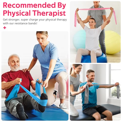 Resistance Bands for Working Out, Exercise Bands for Physical Therapy, Stretch, Recovery, Pilates, Rehab, Strength Training and Yoga Starter Set - color: Blue, Pink, Grey, size: 4.9FT