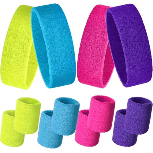 12 Pcs Sweatbands Set Neon Colors Headbands and Wristbands for Men Women Moisture Wicking Sweat Absorbing Workout Cotton Headbands 80s 90s Party - color: Rose Red, Fluorescent Yellow, Sky Blue, Purple