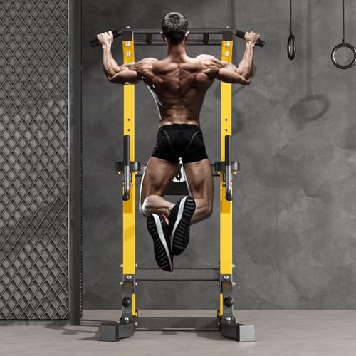 soges Power Tower Pull Up Bar Dip Station, All in One Free Standing Pull Up Bar for Home Gym with 7-Level Height Adjustable, Multi-Function Power Racks Strength Training Equipment, 330 lbs Capacity - color: Yellow