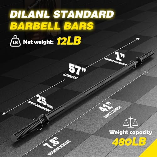 Weight Lifting Bar 57", 1" Standard Straight Barbell Bars Olympic Home Gym | Weightlifting/Strength Training/Squat/Bench Press/Deadlift/Lunges/Hip Thrusts, 2 Star Collars (480lb Weight Capacity) - color: Black