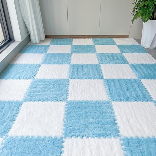 12Pcs Plush Foam Floor Mat,Plush Interlocking Carpet Tiles,Anti-Slip Square Puzzle Floor Mat,EVA Foam Area Rugs for Bedroom Playroom (White+Blue) - color: White+blue