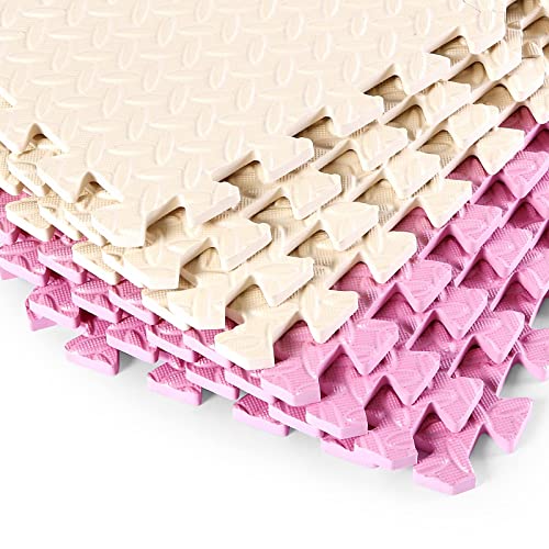 16 Tiles, 0.4 Inch Thicked Interlocking Floor Mats with Solid Colors, Squares Baby Play Mat, EVA Foam Puzzle Floor Mat Foam Mats for Kids, Baby, Toddlers (Beige/Pink) - color: Beige/Pink, size: 16 Pcs/47.2*47.2