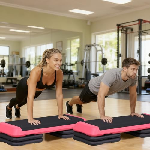 Adjustable Workout Aerobic Stepper, Exercise Step Platform Trainer with 4 Risers,Non-Slip Surface for Home Gym Workout Training - color: Pink