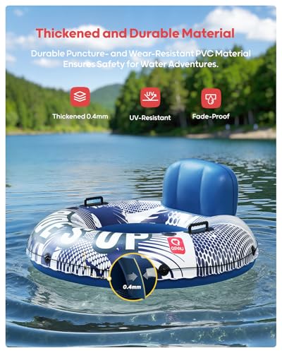 QPAU Inflatable River Tube, 0.4 mm Thickened Puncture-Resistant Heavy Duty River Float, River Raft with Ergonomic Backrest, Mesh Bottom & 2 Cup Holders for Adults and Friends Lake Float - color: A-Dark Blue 02