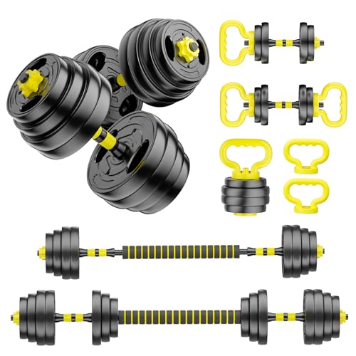 Adjustable Dumbbell Set, 10-90lbs Free Weights with Connector – 4 in 1 Dumbbells, Barbell, Kettlebell & Push Up Stand, Adjustable Weights Set for Home Gym Fitness Equipment for Men & Women - color: Yellow 90lbs (45lbs*2)