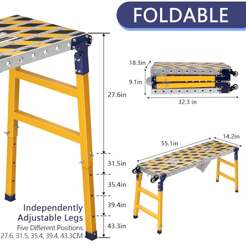 Versatile Portable Steel Work Bench with 4 Wheels 55×14 Inch | Foldable Welding Table with Height Adjustment, Heavy Duty Steel Construction Galvanized Tabletop Workbench with 1102 LBS - size: 55.12'' × 14.2''