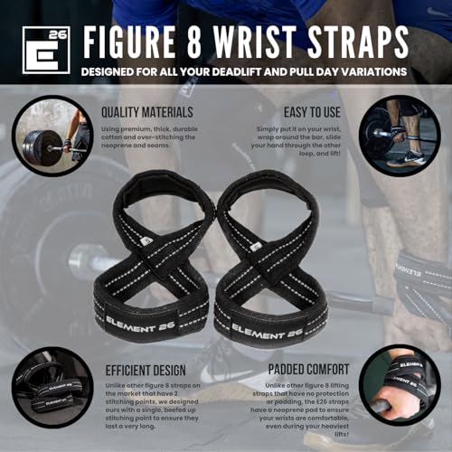 Element 26 Padded Figure 8 Lifting Straps for Deadlifts | Weightlifting Straps for Deadlifts, Farmers Carry Walks, Barbell Rows, Premium quality 100% cotton - size: Medium
