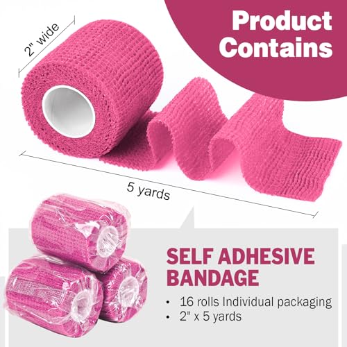 AZEN 16 Pack Self Adhesive Bandage Wrap Pink, 2" X 5 Yards Elastic Cohesive Bandage Wrap, Athletic Tape, Vet Wrap, Ankle Tape, Tattoo Grip Tape Wrap (Pink) - color: Pink, size: 2 Inch