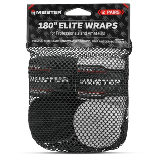 'Meister Elite 180'' Premium Adult Hand Wraps for MMA & Boxing - 2 Pair Pack w/Mesh Bag' | Premium double-woven elastic blend, maximum wrist support and knuckle protection for boxing, MMA and Muay Thai - color: Black & Vintage Ivory