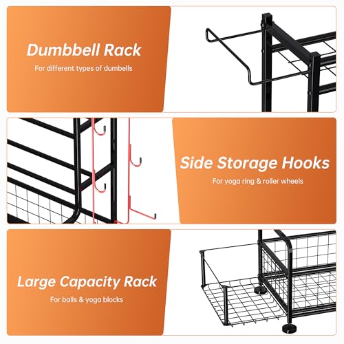 Garvee Dumbbell Rack, Weight Rack for Home Gym, Weight Rack for Dumbbells with Hooks, Home Gym Storage Rack for Yoga Mat Kettlebells and Strength Training Equipment, Powder Coated Finish Steel