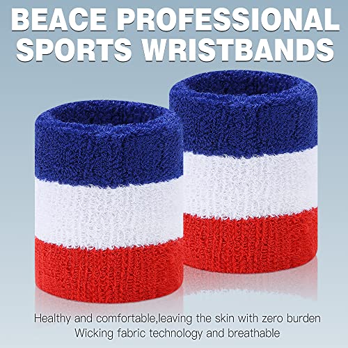 BEACE Sweatbands Sports Wristband for Men & Women - Moisture Wicking Athletic Cotton Terry Cloth Sweatband for Tennis, Basketball, Running, Gym, Working Out - color: Red Whi Blu