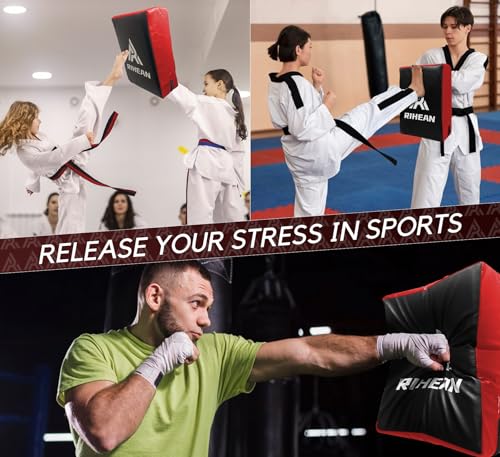 Martial Arts Kicking Shield Pad for Muay Thai, Taekwondo Football, Basketball, Hockey Training, 12x16in Denser Foam High-Density PU Leather Cover - color: Red Shield x2