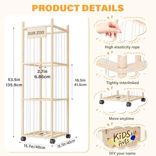 Dayacoco Stuffed Animal Storage with Brake Wheels, Wood Stuffy Animal Storage Zoo Holder Bin, Large Capacity Toy Organizer with Elastic Band and Net for Nursery Play Room Bedroom (Pine Wood 54in) - size: 3 Tiers with Wheels