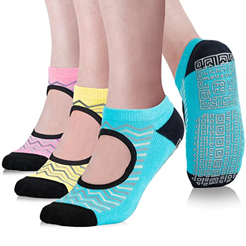unenow Non Slip Grip Yoga Socks for Women with Cushion for Pilates, Barre, Home - color: Three Pairs Waves-lake Blue/Yellow/Pink