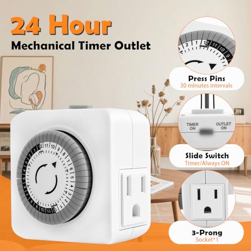 Timers for Electrical Outlets Indoor, 24-Hour Plug-in Mechanical Outlet Timer, 30 Minute Intervals, 3 Prong Light Timers, Daily On/Off Cycle for Christmas Tree, ETL Listed, 2Pack