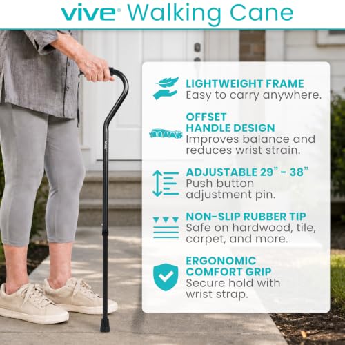 Vive Walking Cane for Women, Men, Elderly - Patented Offset Grip - Lightweight Adjustable Walking Aid with a Non-Slip Tip - Sturdy Balancing Mobility Aid for Seniors - color: Black