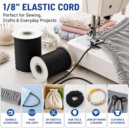 Lydia's Deal Elastic Cord 1/8 Inch (3MM) x 50 Yards Black, Stretch Elastic String for Sewing, Crafts, Jewelry, Beading, Mask Ear Loop, Strong & Soft Elastic Roll - color: Black, size: 1/8 Inch * 50 Yards