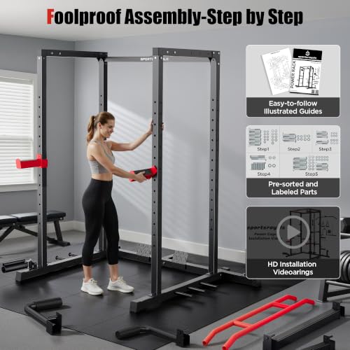 SPORTSROYALS Power Rack, Multi-Functional Power Cage, Squat Rack with Pulley System & LAT Pull Down, Workout Cage with J Hooks for Home Gym - color: Red, style: Power Cage Only