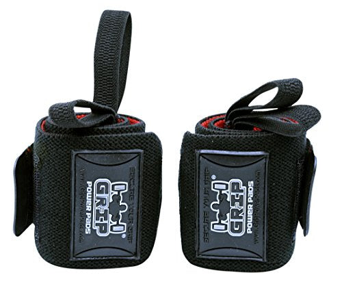 Grip Power Pads Wrist Wraps 2 Wraps for Weight Lifting Wrist Support Cotton Wraps Gym Bandage Straps for Men & Women Premium Quality & PRO Rubber - color: Black/Red, size: 18""