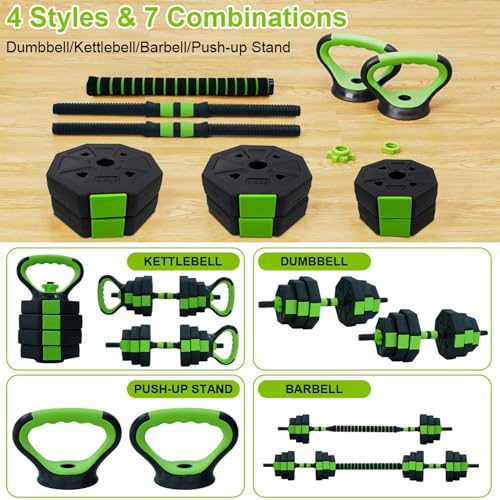 Adjustable Dumbbell Set, 44/66/88 Lbs Free Weight Dumbbells Set, 4 in 1 Dumbbells Set Used As a Kettlebell, Barbell, Push Up Stand, Exercise & Fitness for Home Gym, Black & Green - size: 88 LB-Octagon