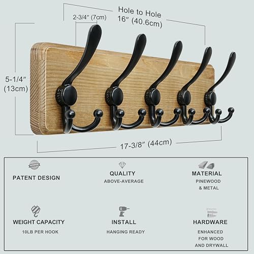 Dseap Coat Rack Wall Mount - Heavy-Duty Robust Barnwood-Style Wooden Wall Coat Hanger Hook Rail with 5 Triple Hooks for Winter Coats Hat Jacket Clothing, Weathered Brown & Black - color: Weathered Brown & Black, size: L=17.4"