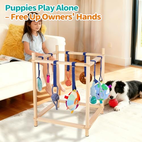 Wooden Puppy Play Gym for Small Dogs, Puppy Jungle Gym with 8 Hanging Toys, Wood Frame Indoor Puppy Gym with Dog Enrichment Toys for Puppies and Small Pets - color: Wood