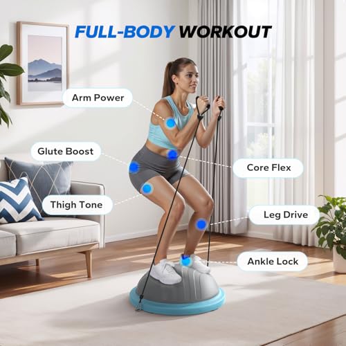 MERACH Balance Ball Trainer, 18 Inch Half Exercise Ball with Resistance Bands and Foot Pump, Half Yoga Ball for Core Strength Training, 450lb Capacity - color: Blue