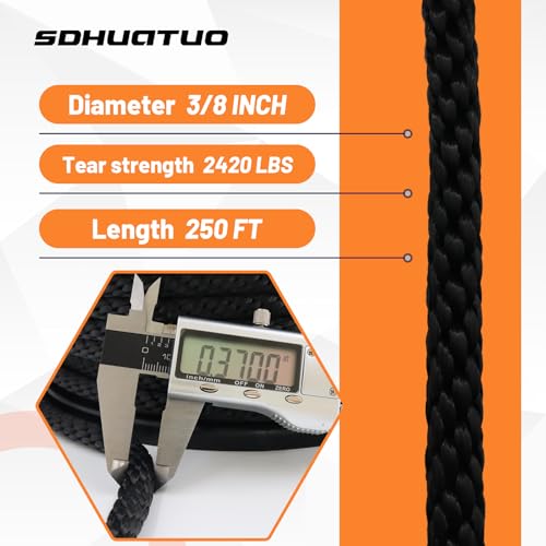 SDHUATUO 3/8 Inch Nylon Solid Braided Rope, 250FT Polyester Cord Black | 2420 lbs, UV Resistant & Wearproof, Soft Flexible Rope for Swings, Camping Tent, Flagpole, Outdoor Twine, Dog Leashes - color: Black, size: 3/8''-250ft