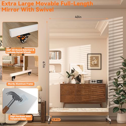 Hasipu 67" x 40" Large Full Length Rolling Mirror with Wheels, White | Tempered glass, sturdy metal frame, smooth rolling casters, removable stand, ideal for gym, bedroom, dance studio & yoga. - color: White, size: 67"L x 40"W