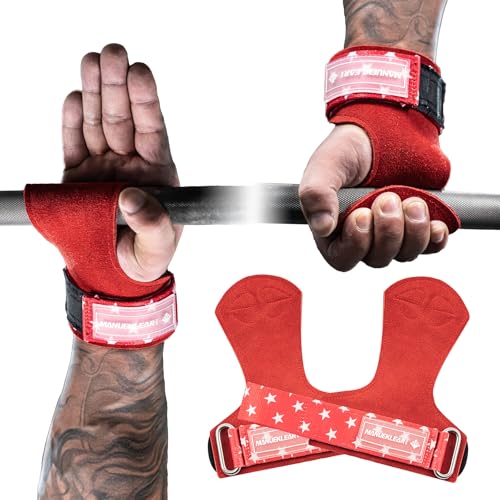 MANUEKLEAR Gym Straps Weight Lifting, Double Leather Lifting Straps for Men Deadlift with Cushion Wrist Loop, Gym Lifting Wrist Wraps for Weightlifting - color: One Size - Red